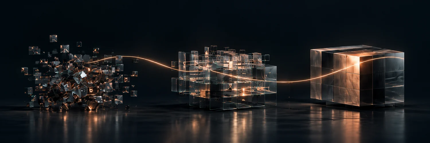 Cubos dispersos se organizam progressivamente em um bloco único, conectados por uma linha de cobre iluminada.